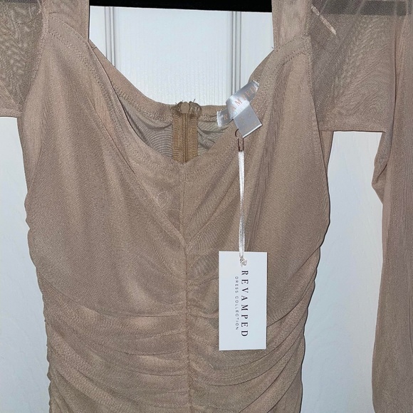 Ruched Nude/Cream Midi Bodycon Dress - Picture 2 of 6